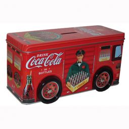 Red Coca-Cola Tin Truck with Driver Bank with Wheels