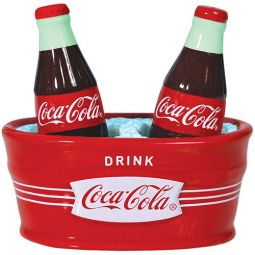 Ceramic Coca-Cola Bottles in Tub Magnetic Salt Shakers