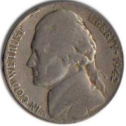 Jefferson Nickel 1942 Composition Coin No Mintmark Grade VG