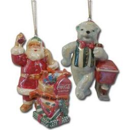 Porcelain Coca-Cola Santa and Polar Bear Ornaments Pair