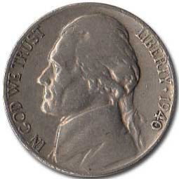 Jefferson Nickel 1940 Composite Coin No Mintmark Grade VG Set 10